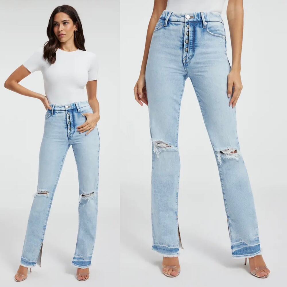 Good American Good Boy Jeans Womens 4 / 27 Indigo340 Ripped Side Slit Raw Hem